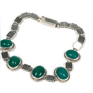 925 Sterling Silver Bracelet Artisan Vintage Green Stones Estate 6.75” 11.28g